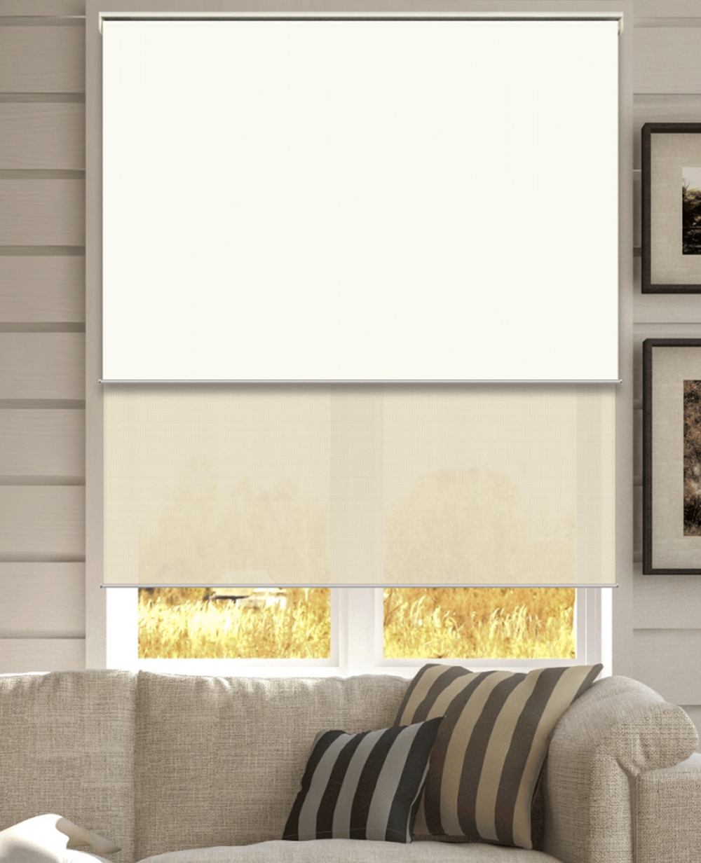 Springblinds’ day night shades Taupe Blackout & White Sable Solar Shade
